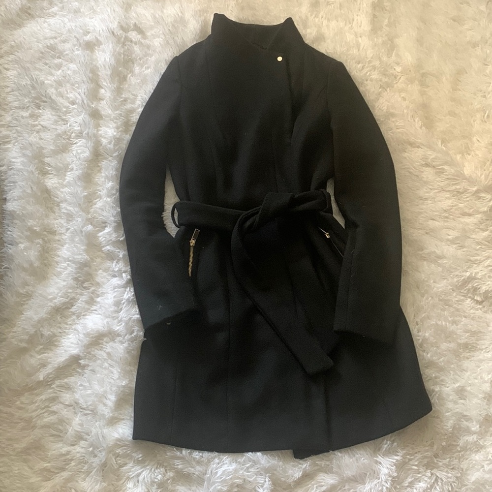 Black, long, dressy winter jacket 10% wool. With gold hardware